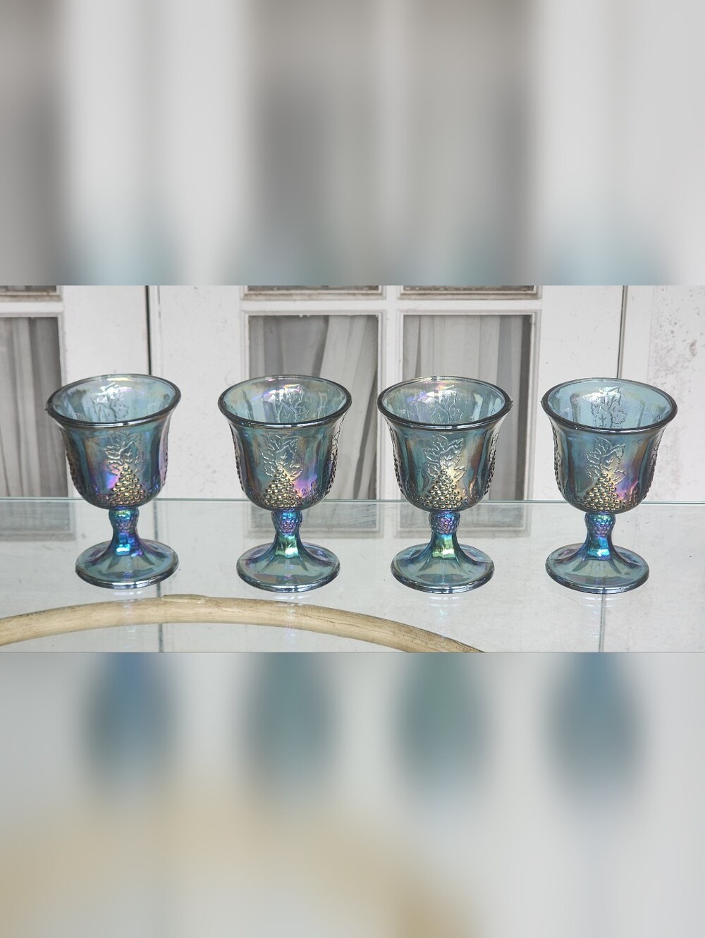Vintage Indiana Carnival Glass Blue Iridescent Goblet Harvest Grapes Set Of 4